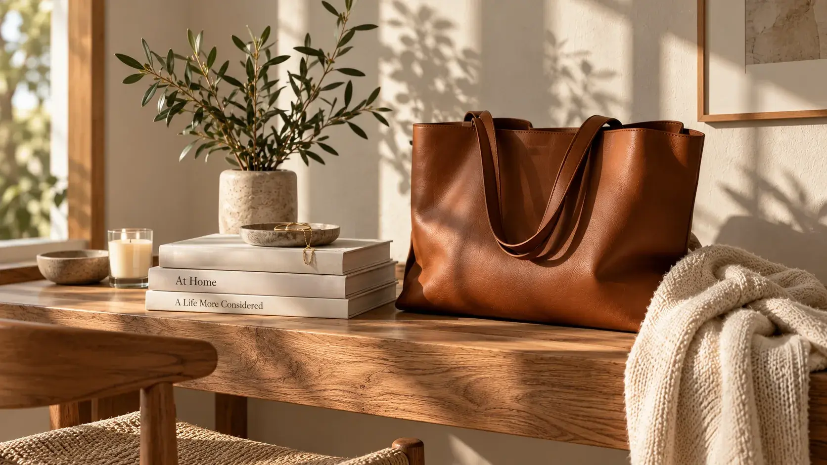 A cognac leather tote bag on a sunlit wooden console beside a stack of hardcover books, a lit candle, a stone vase of olive branches and a cream knit throw.