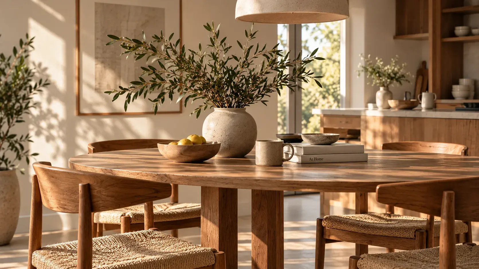 A round wooden dining table with woven-seat chairs in warm afternoon light, set with a ceramic vase of olive branches, a bowl of lemons, a speckled mug and two hardcover books, with a wooden kitchen behind.