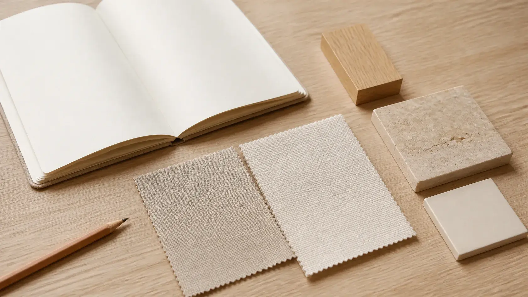 An open notebook with blank pages, a pencil and material samples of linen, cotton, oak, travertine and ceramic laid out for comparison on an oak desk.