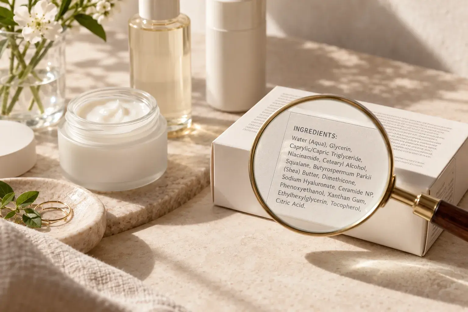 Editorial illustration of skincare products and a magnifying glass highlighting a sample ingredient list.