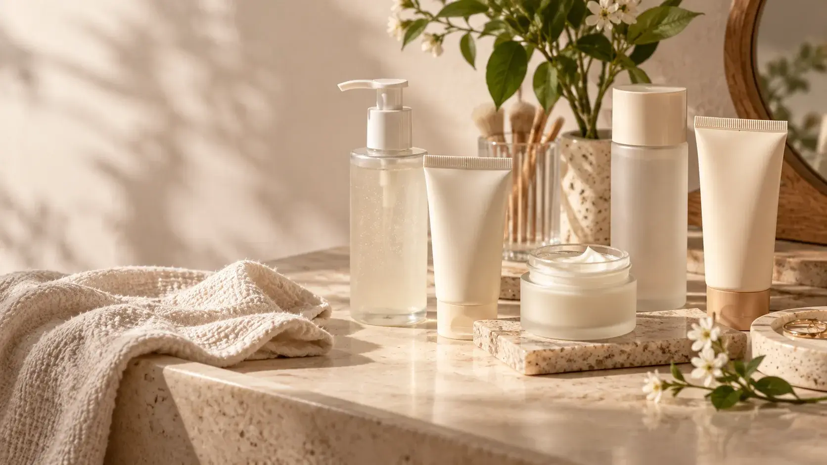 Unbranded skincare products — a pump cleanser, tubes, a frosted bottle and an open jar of cream — on a warm stone vanity beside a folded towel and white flowers in soft sunlight.