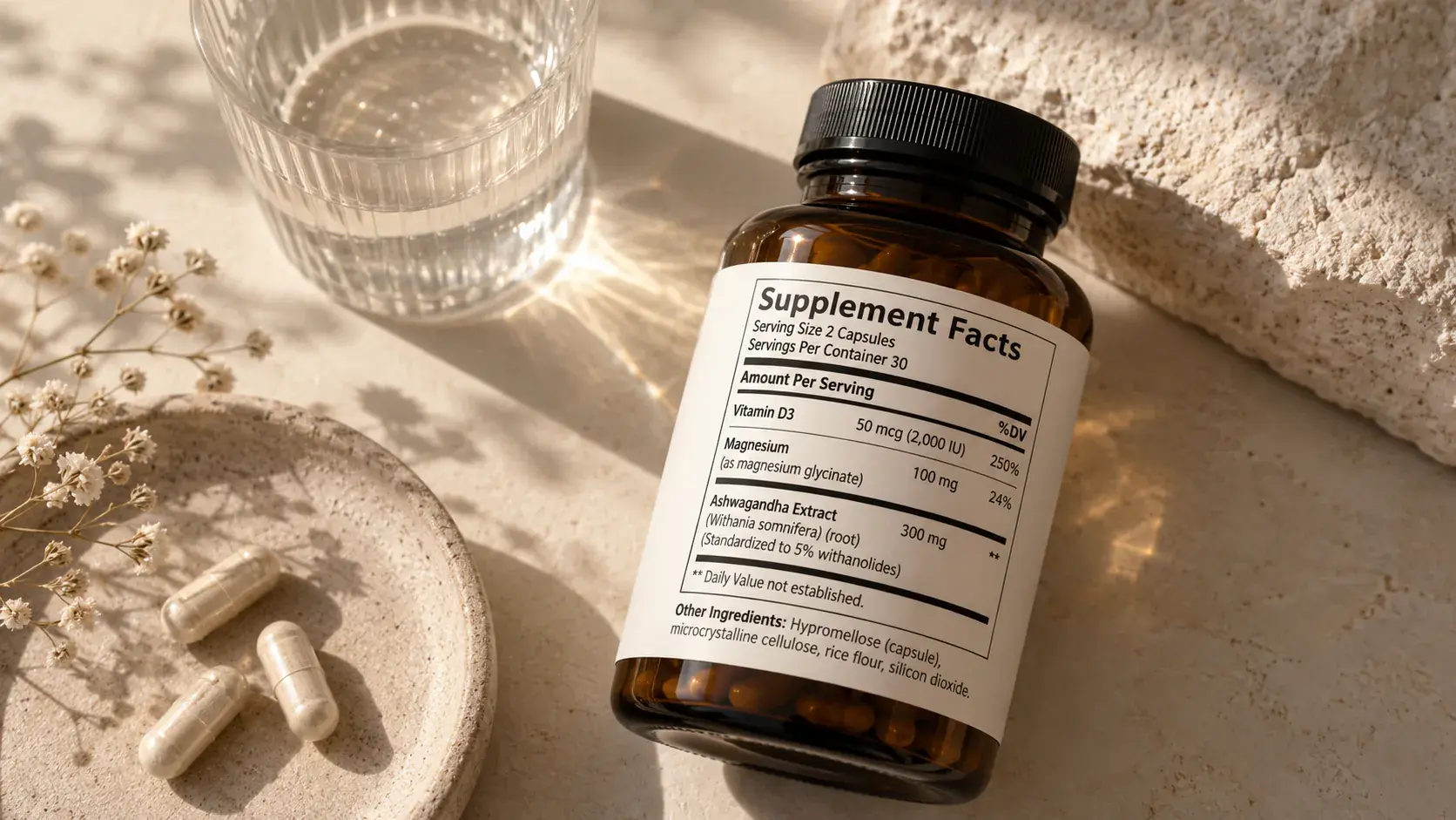 Amber glass supplement bottle with an illustrative Supplement Facts label, lying on warm stone beside capsules and a glass of water in soft sunlight.