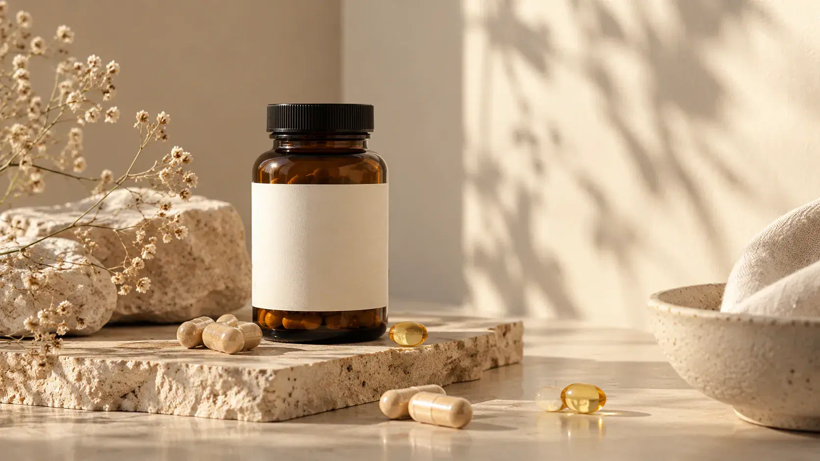 Unbranded amber glass supplement bottle with capsules on natural stone in warm sunlight.