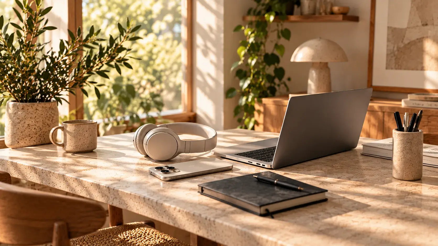 A sunlit stone desk with an open silver laptop, cream over-ear headphones, a smartphone, a black notebook and pen, a speckled mug and a pen holder, beside a window and potted plants.