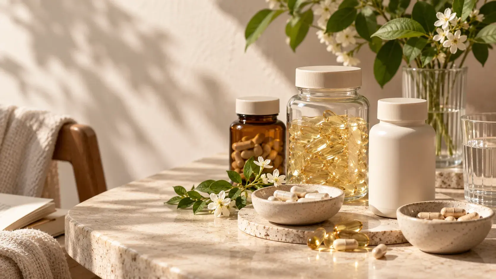 Unbranded supplement bottles, golden softgels and capsules arranged on a warm stone tabletop with small ceramic bowls, white flowers and soft natural sunlight.