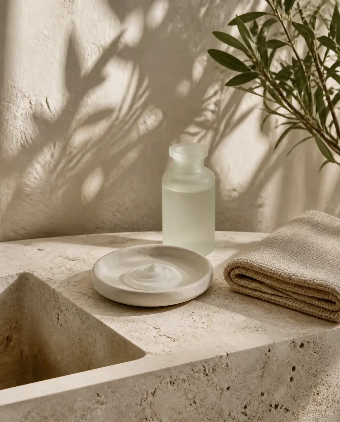 An unlabeled frosted glass bottle, a ceramic dish with a swirl of cream and a folded cotton towel on a sunlit travertine basin ledge.