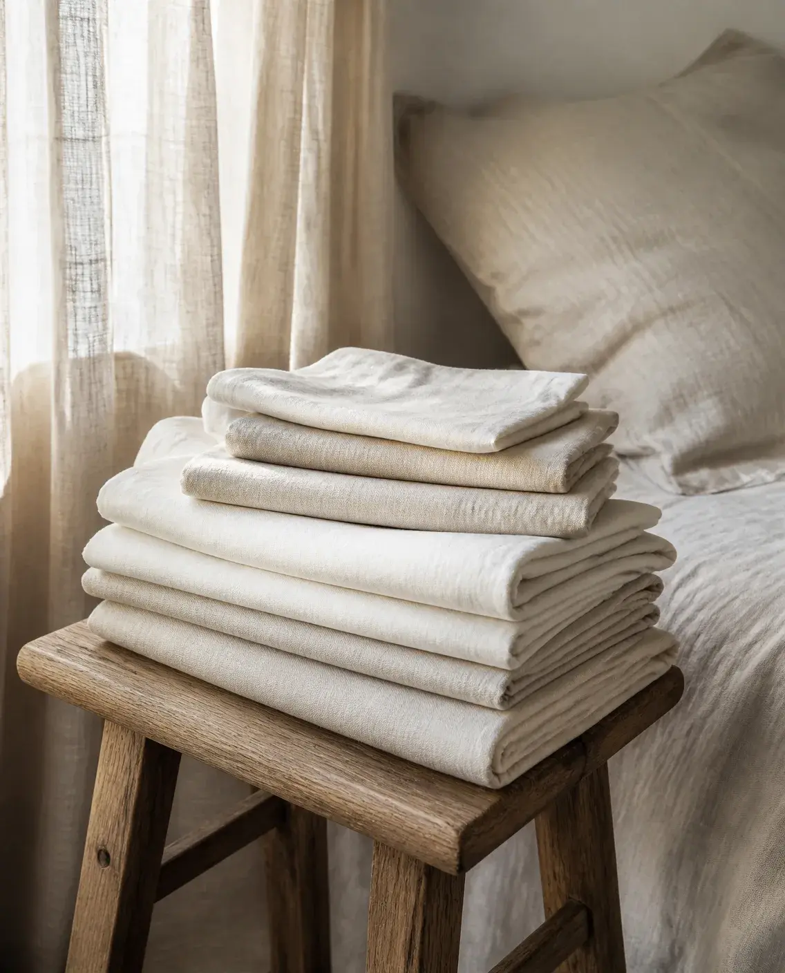 Folded ivory and oatmeal linen bed sheets stacked on a wooden stool beside a bed and a sheer linen curtain.