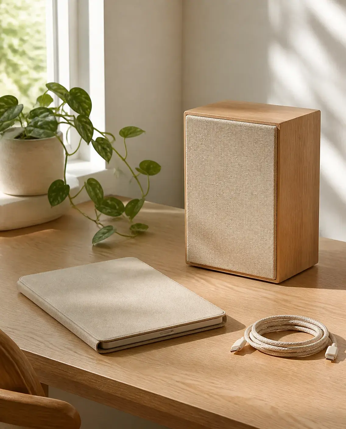 An unbranded wooden speaker with a fabric front, a tablet in a closed felt cover and a coiled fabric cable on a sunlit oak desk.