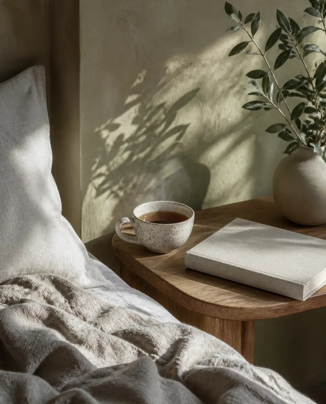A bedside table in morning light with a speckled ceramic cup of tea, a plain cloth-bound book and a vase of leaves beside rumpled linen bedding.