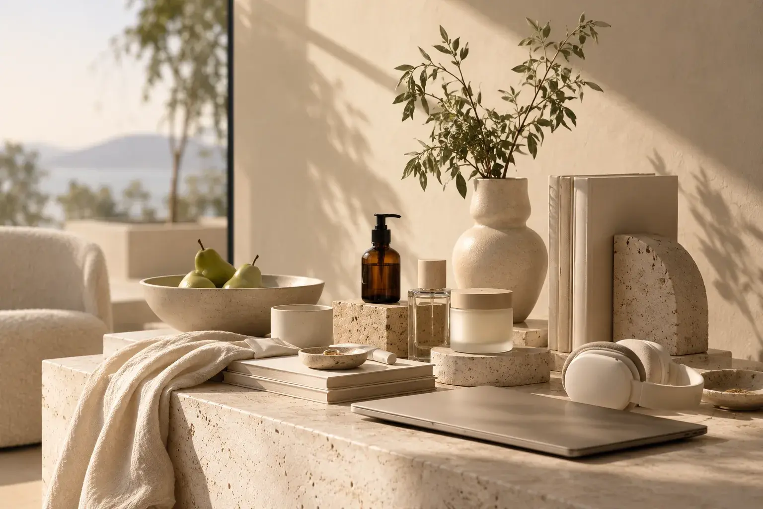 Unbranded everyday objects on a sunlit travertine console: a bowl of pears, an amber pump bottle, a frosted jar, a ceramic vase of olive branches, books, headphones and a closed laptop.