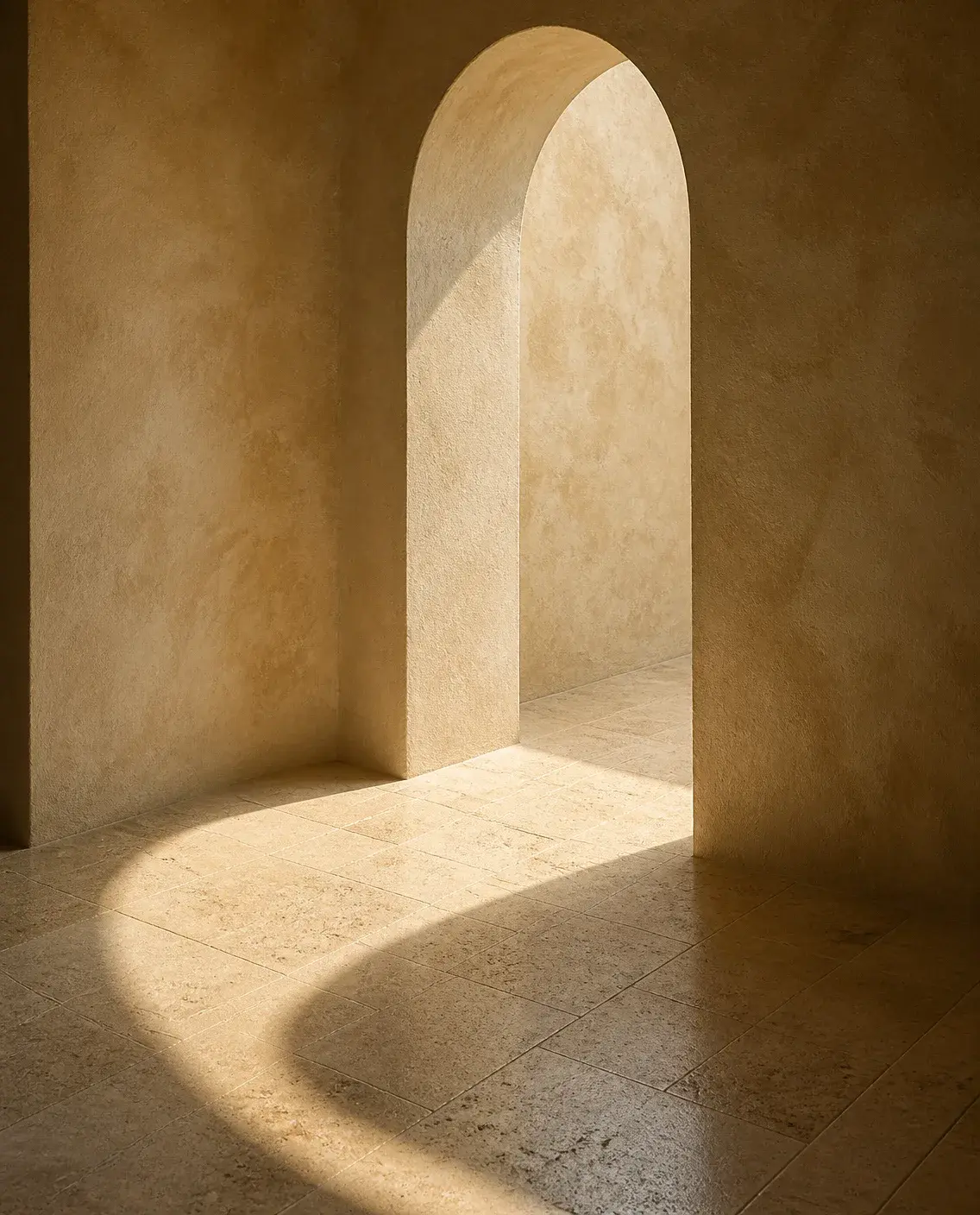 Low sunlight falling through an arched doorway in a limewashed plaster wall onto a travertine floor.