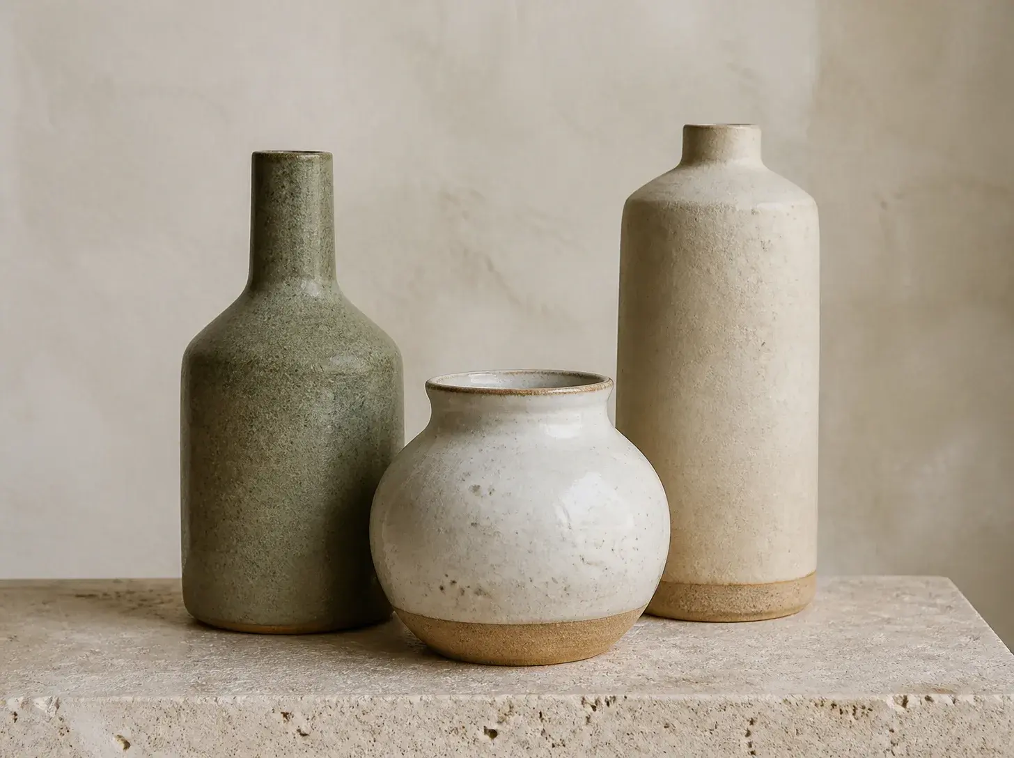 Three handmade ceramic vessels in sage, ivory and pale clay glazes on a travertine plinth.